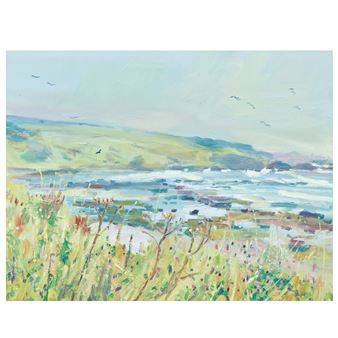 A coastal landscape painting featuring a beach, sea, and distant hills under a pale sky.