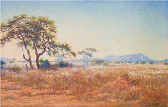 A serene landscape painting of a savanna with a large tree, distant mountains, and golden grass under soft sunlight.