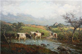 A pastoral oil painting of cattle wading through a stream in a hilly landscape.