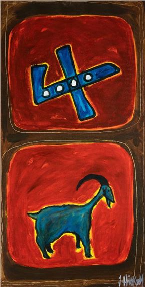 A bold, two-panel artwork featuring a stylized blue cross and a goat against vibrant red backgrounds.