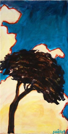 A bold, expressive painting of a dark tree against a vibrant blue sky with stylized clouds.