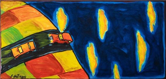 A vibrant abstract landscape featuring a colorful checkered hillside and a winding road with vehicles, set against a deep blue background with glowing yellow shapes.