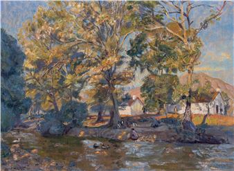 A sun-drenched riverside scene with rustic buildings nestled among trees.