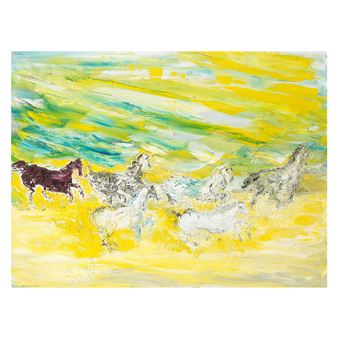 A dynamic abstract painting of galloping horses against a vibrant yellow and green background.
