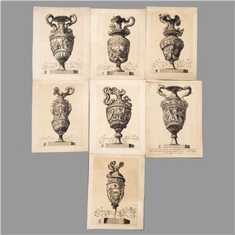 A collection of six engraved prints showcasing ornate classical vases with intricate relief details.