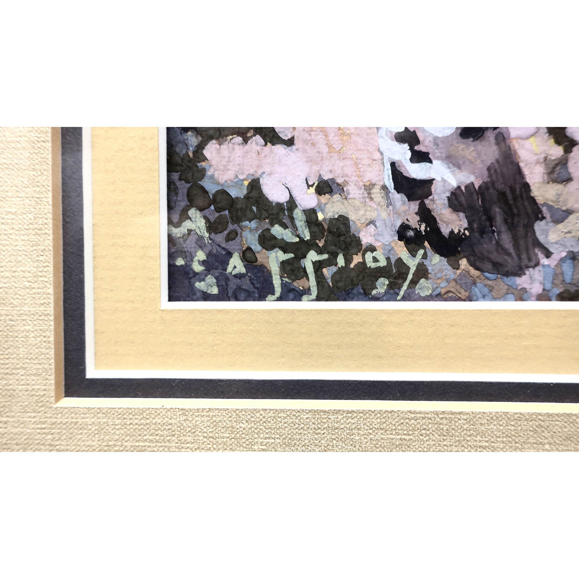 A framed landscape painting of birch trees by a lake with distant mountains.