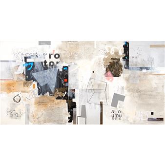 A layered collage of abstract textures, geometric shapes, and fragmented text on a neutral background.