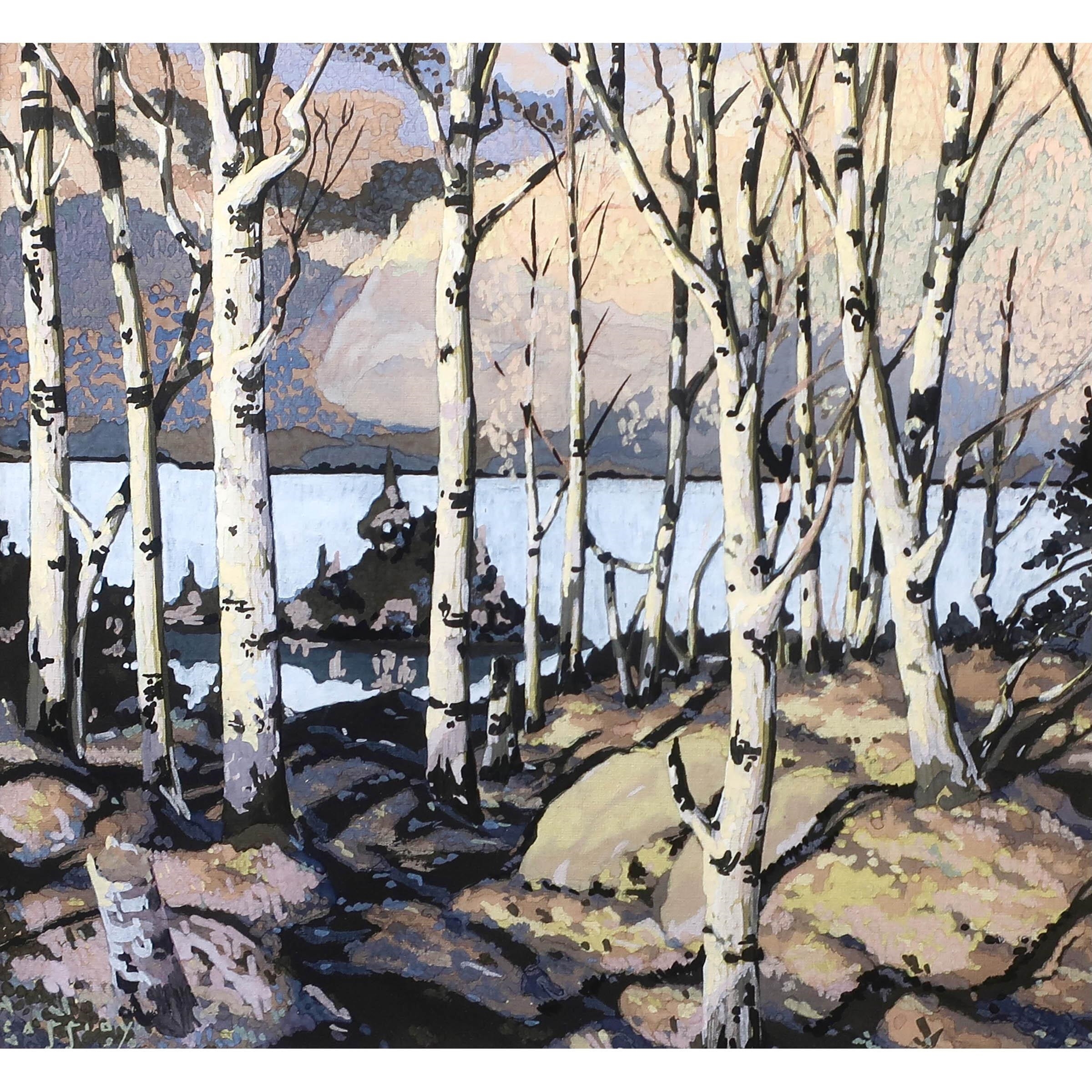 A framed landscape painting of birch trees by a lake with distant mountains.