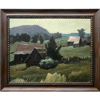 A rustic landscape painting featuring weathered farm buildings nestled in rolling green hills under a hazy sky.