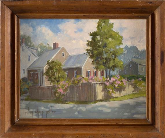 A nostalgic oil painting of a quiet suburban street lined with houses and blooming flowers.