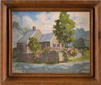 A nostalgic oil painting of a quiet suburban street lined with houses and blooming flowers.