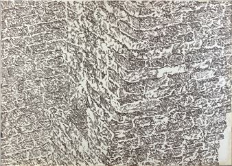 A monochromatic abstract study of layered, textured surfaces.
