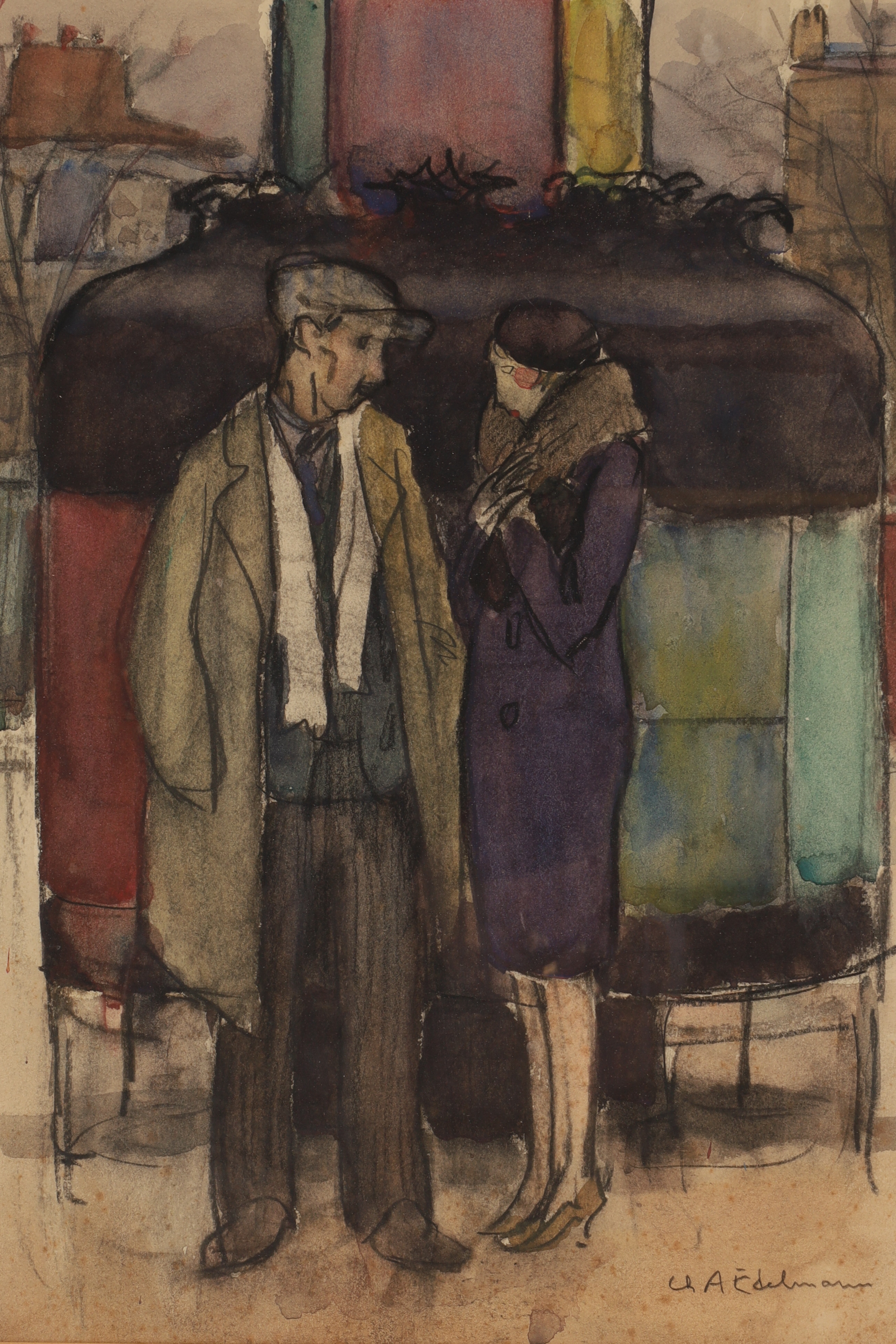 A sketch of a man and woman standing in front of a colorful bus.