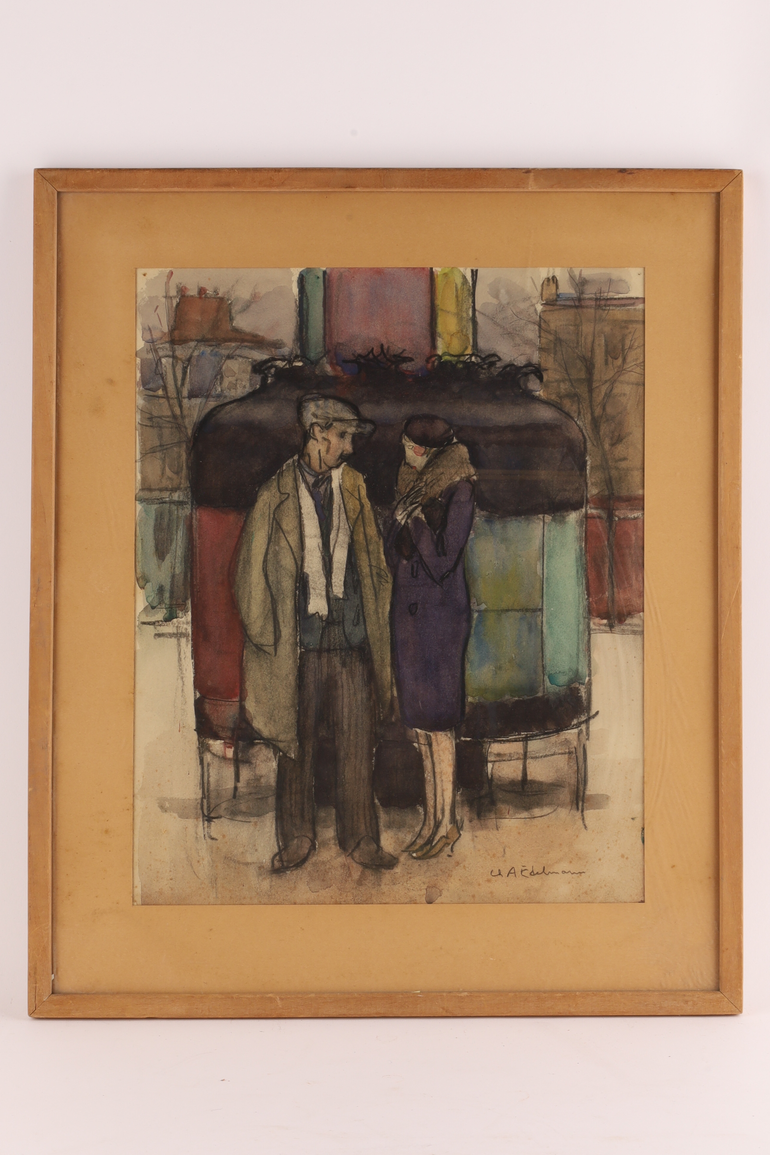 A sketch of a man and woman standing in front of a colorful bus.