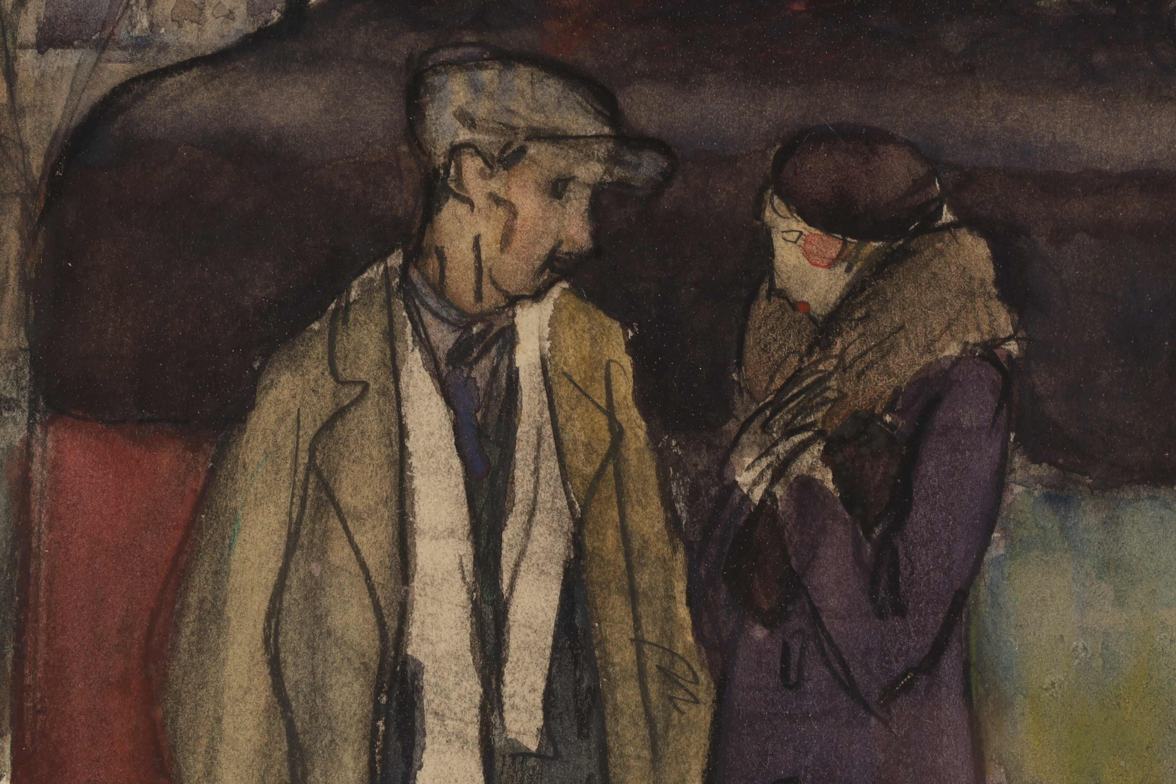 A sketch of a man and woman standing in front of a colorful bus.