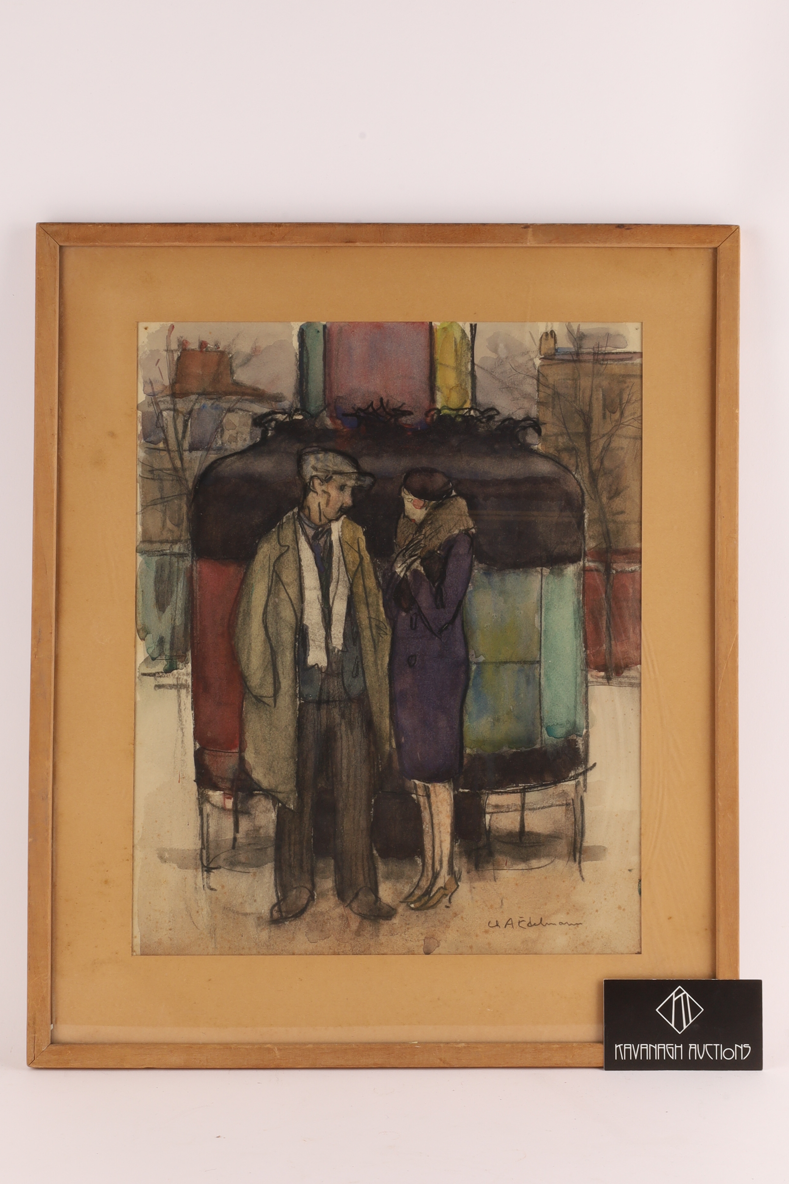 A sketch of a man and woman standing in front of a colorful bus.