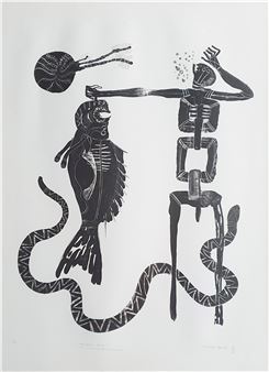 A black ink print featuring a skeletal figure holding a fish while a spider floats above.