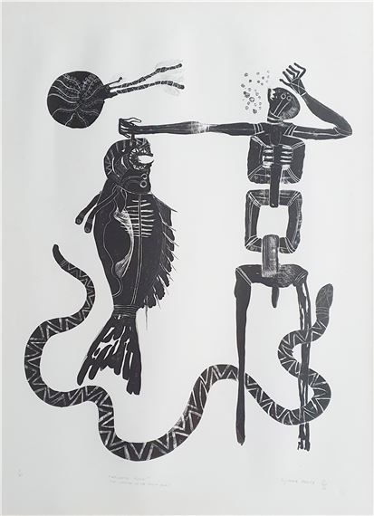 A black ink print featuring a skeletal figure holding a fish while a spider floats above.