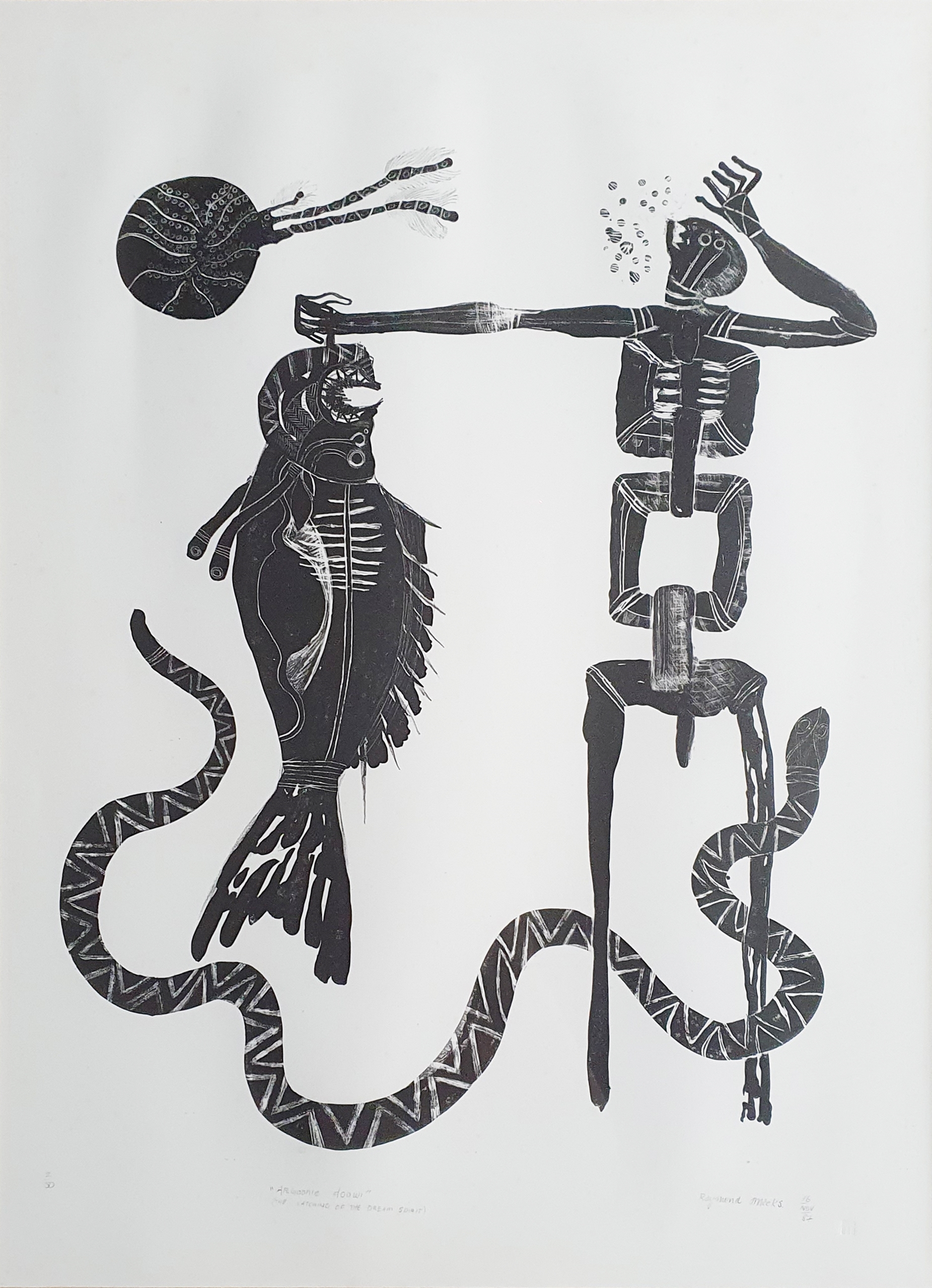 A black ink print featuring a skeletal figure holding a fish while a spider floats above.