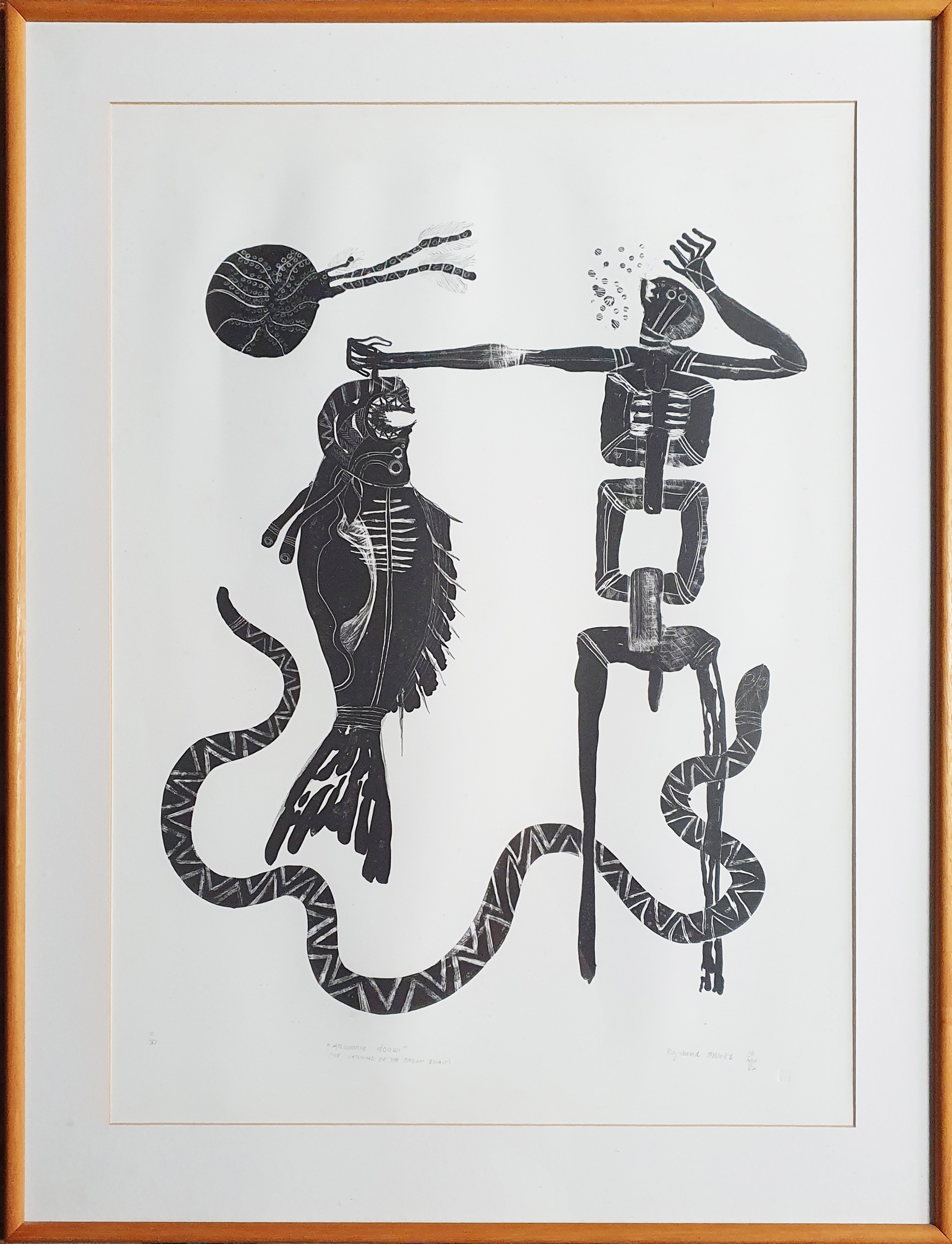A black ink print featuring a skeletal figure holding a fish while a spider floats above.