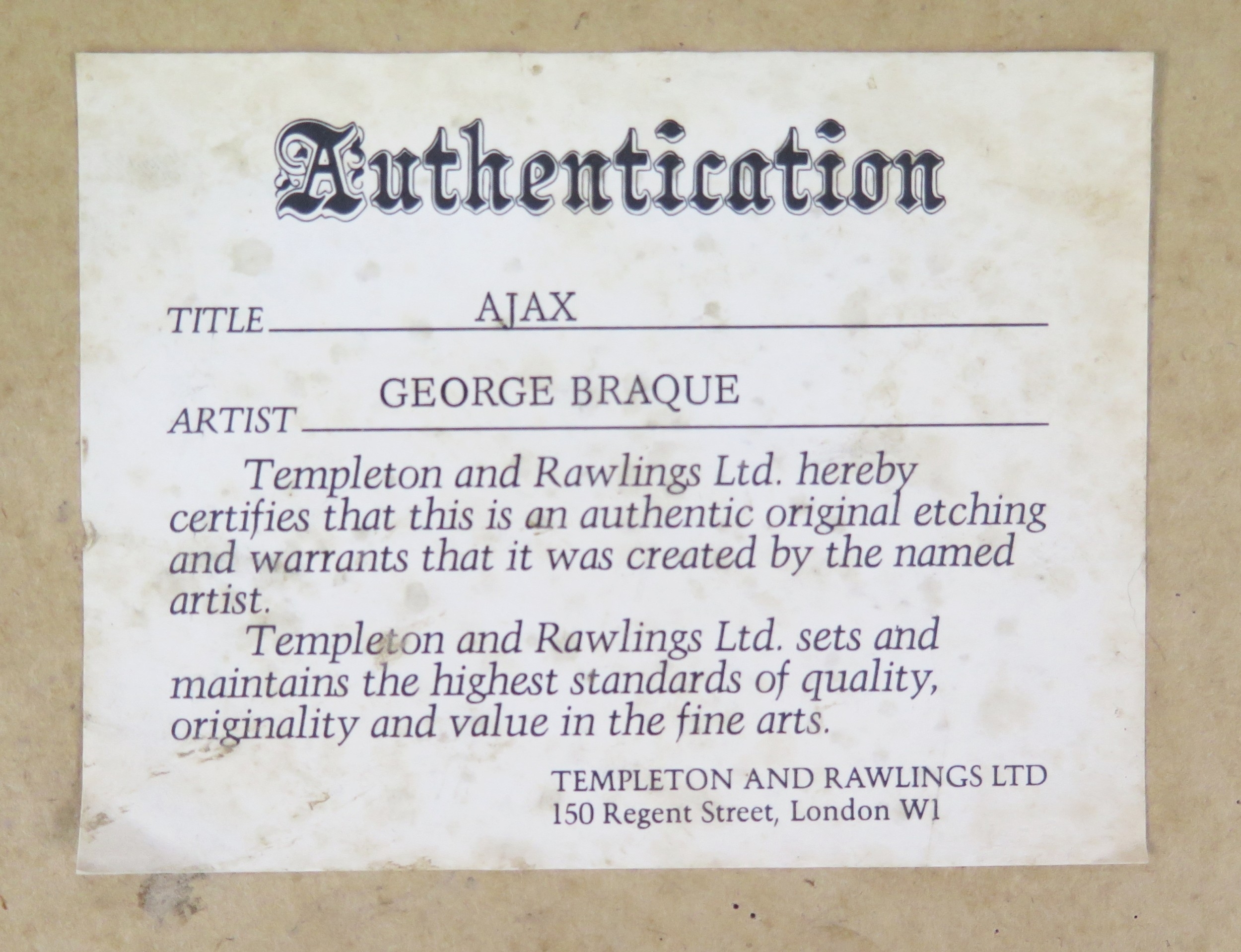 Artwork by Georges Braque, Ajax, Made of Etching