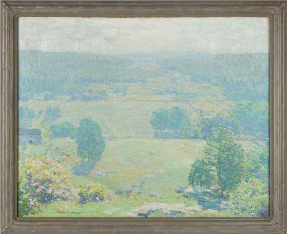 A serene impressionist landscape painting of a sunlit valley filled with trees and rolling hills.