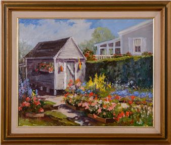 A vibrant oil painting of a sunlit garden with a rustic shed and blooming flowers.