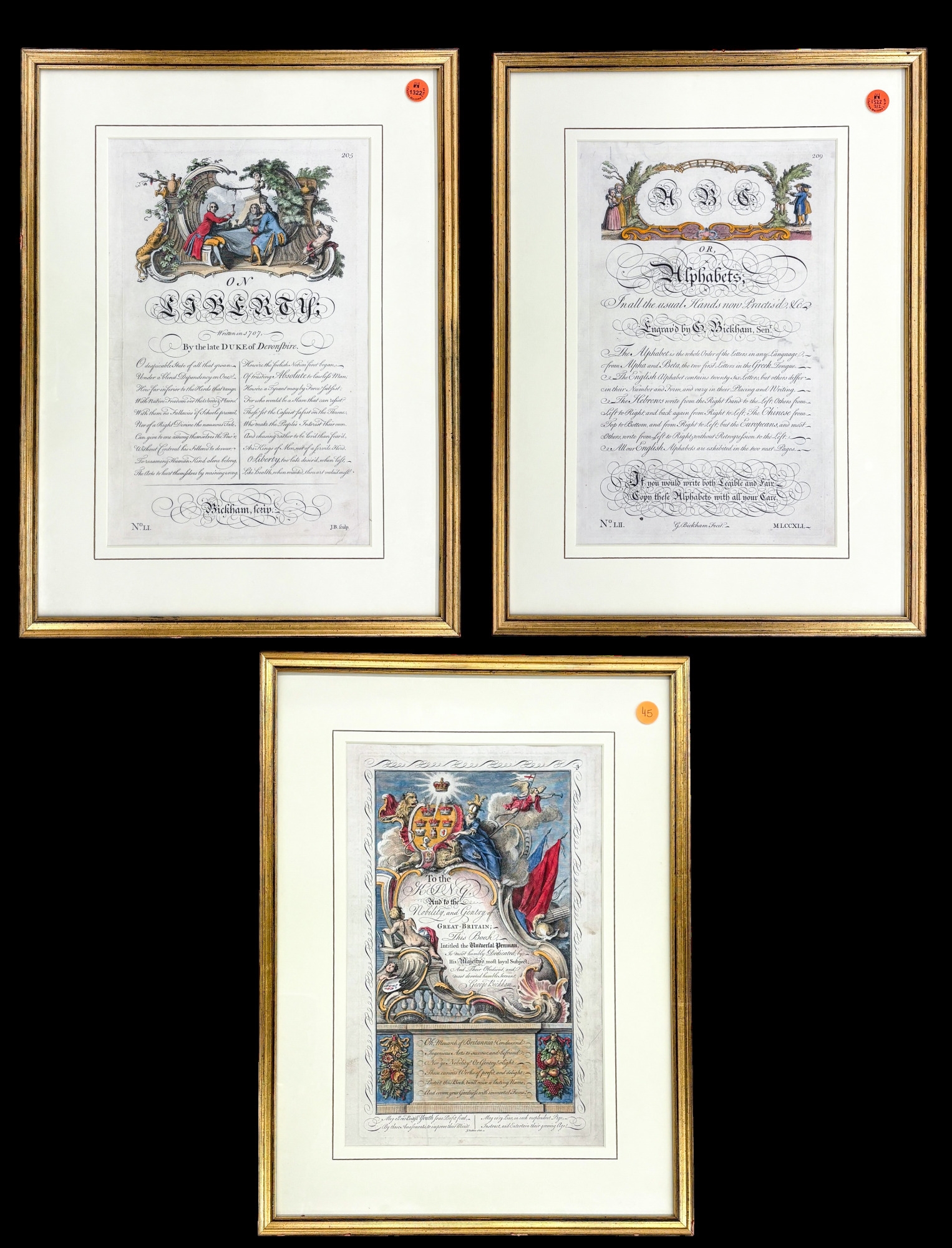 George Bickham | 3pc George Bickham Hand Colored Engravings of Pages ...