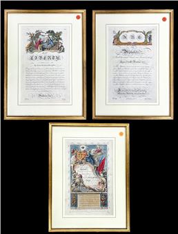 A triptych of framed historical documents featuring ornate heraldic illustrations and formal text.