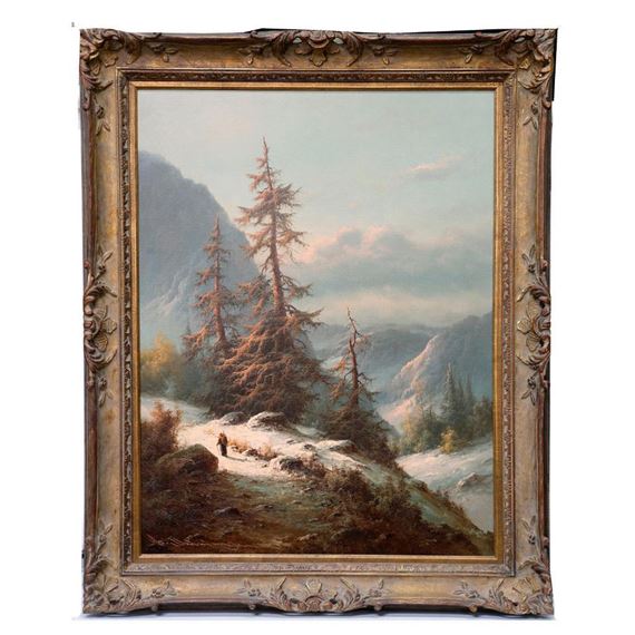 A classical landscape painting of a snowy mountain scene with tall pine trees and a solitary figure.
