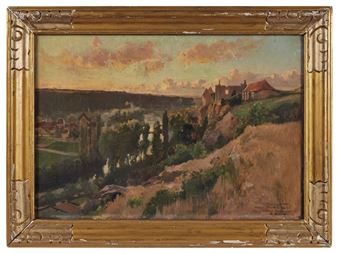 A landscape painting of a village nestled on a hillside under a dramatic sky.