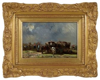 "A framed oil painting of a rural scene with a horse-drawn wagon under a dramatic sky."