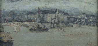 A textured landscape painting of a distant town by a river, rendered in muted earth tones.