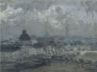 A moody, textured seascape painting dominated by cool greys and blues.