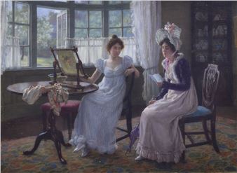 An interior scene featuring two figures in period dress, one seated at a table with an easel and the other reading by a window.