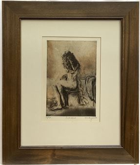 A framed charcoal drawing of a seated figure with dark, textured hair.