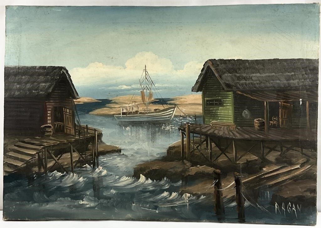 Robert Ragan | Vintage Painting of Colonial Seaside Dock & Buildings ...