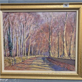 A framed painting of a sunlit forest path with tall, slender trees rendered in warm autumnal tones.