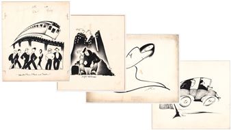 A collection of four black-and-white ink drawings featuring urban scenes, a figure in a hat, and a stylized car.