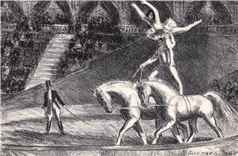 A dramatic sketch of a circus performer riding two horses while being pulled by a figure in the foreground.