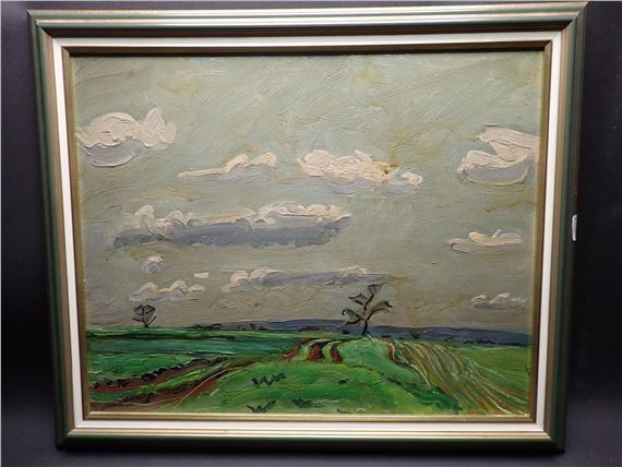 A landscape painting of rolling green hills under a cloudy sky.