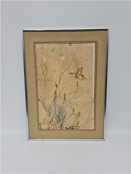"A framed botanical illustration featuring a butterfly and delicate wildflowers."