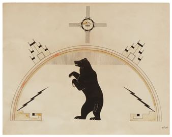 A stylized illustration featuring a black bear standing on its hind legs beneath an arched frame with geometric symbols and lightning bolts.