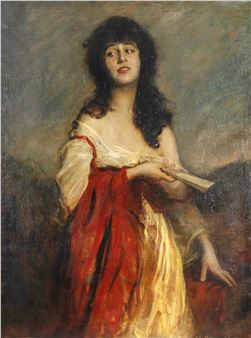A romantic portrait of a woman in flowing red and white garments holding a fan.