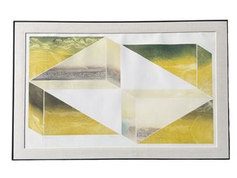 A geometric composition featuring three-dimensional cubes with a landscape-like texture.