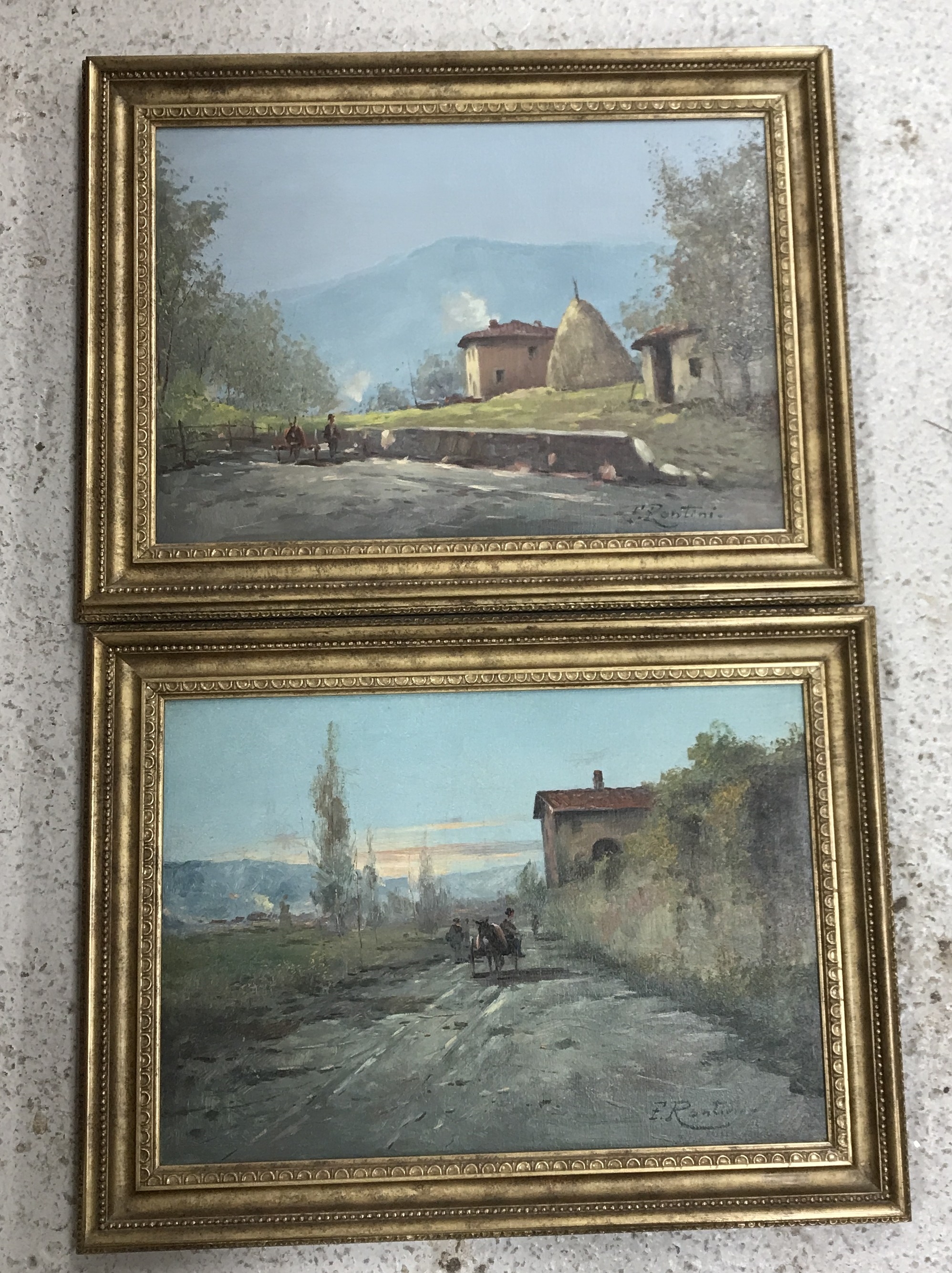 Ferruccio Rontini | Donkey cart and figures on a roadway with tiled ...