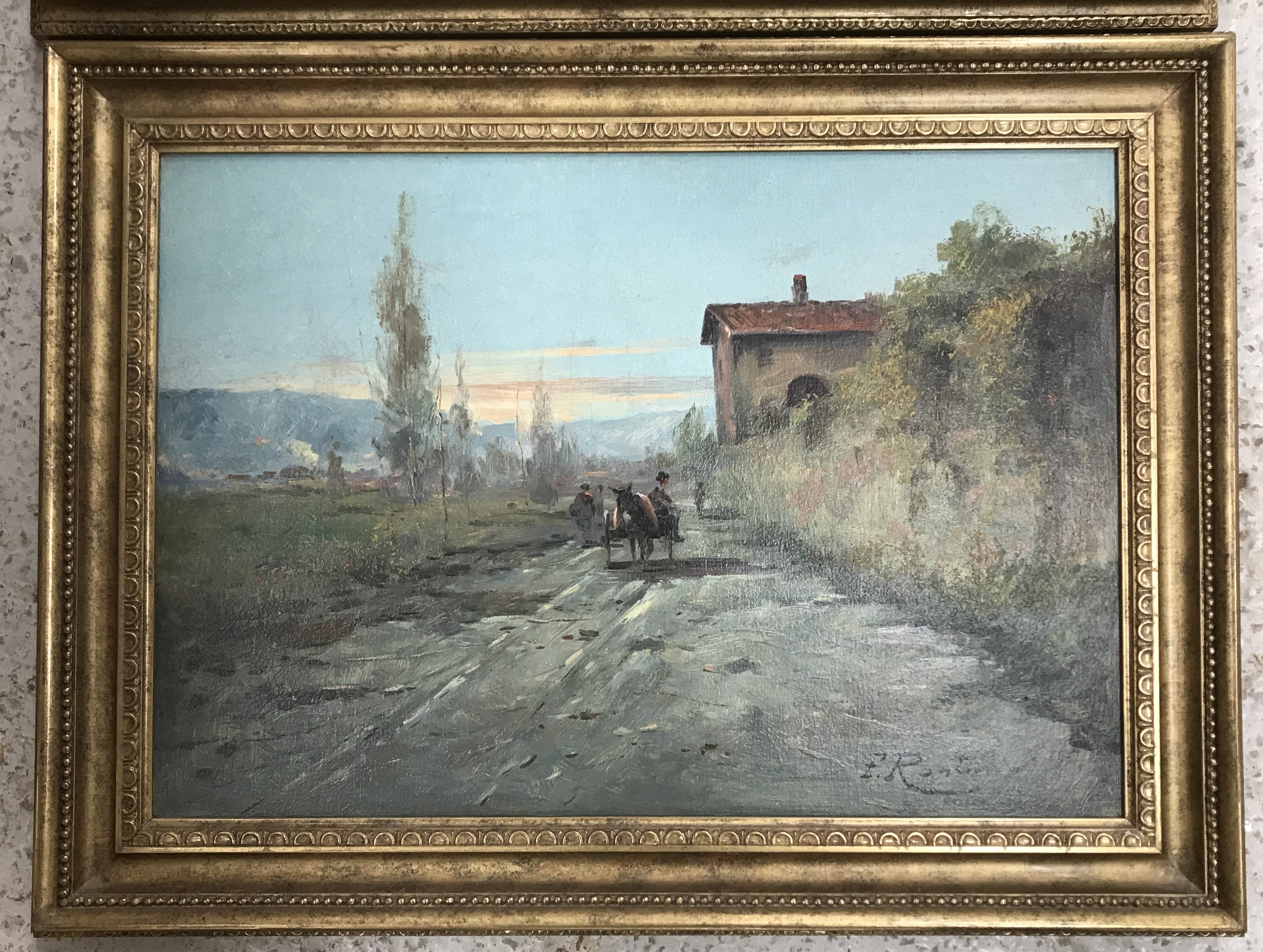 Ferruccio Rontini | Donkey cart and figures on a roadway with tiled ...