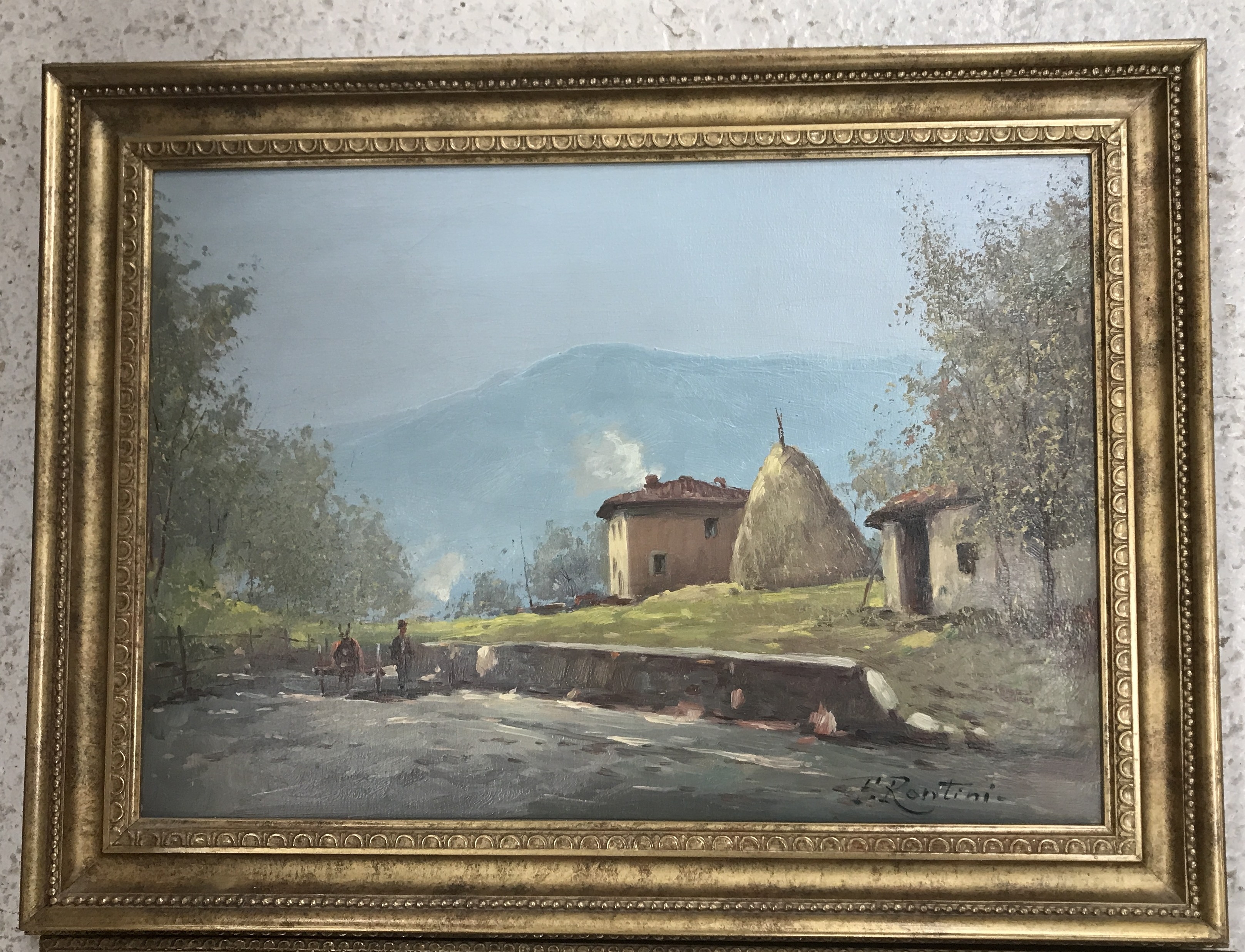 Ferruccio Rontini | Donkey cart and figures on a roadway with tiled ...