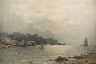 A muted seascape painting featuring a calm harbor with boats and distant hills under an overcast sky.