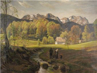 A pastoral landscape painting featuring a family by a stream with distant mountains.